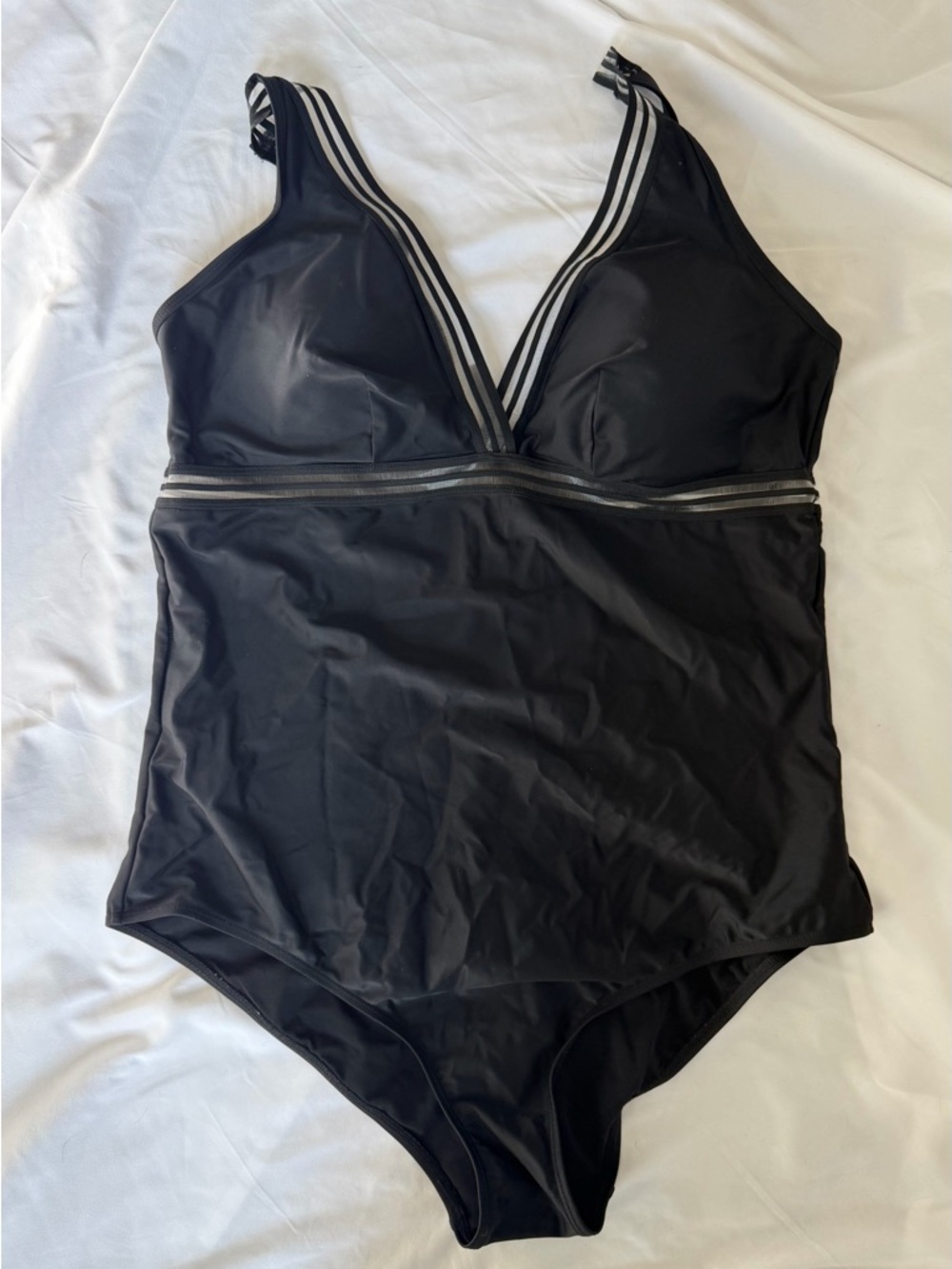 Black One Piece Swimsuit V Neck Accent Trim Slimming Adjustable Straps Torrid 2